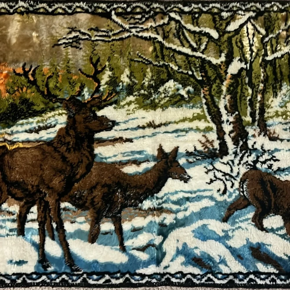 Vintage 70s B.M.S. Deers Winter Woods Velvet Tapestry